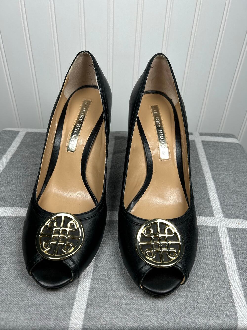 Audrey Brooke heels Black peep toe heel with gold buckles Size 8.5 LEATHER UPPER